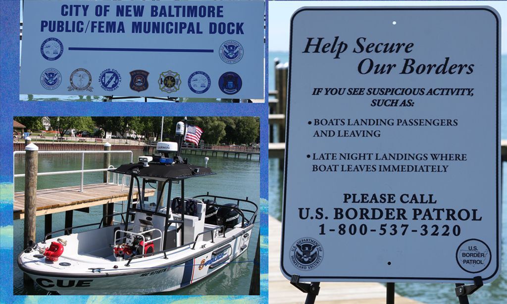 Municipal dock, and signs with information about Border Patrol